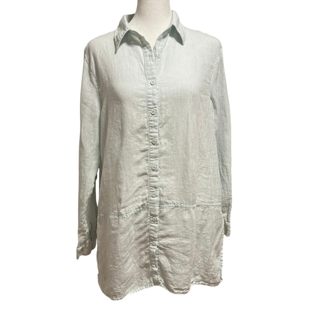 Jean Pierre Klifa Size M Tunic Top Shirt 100% Linen Pale Green Button Up